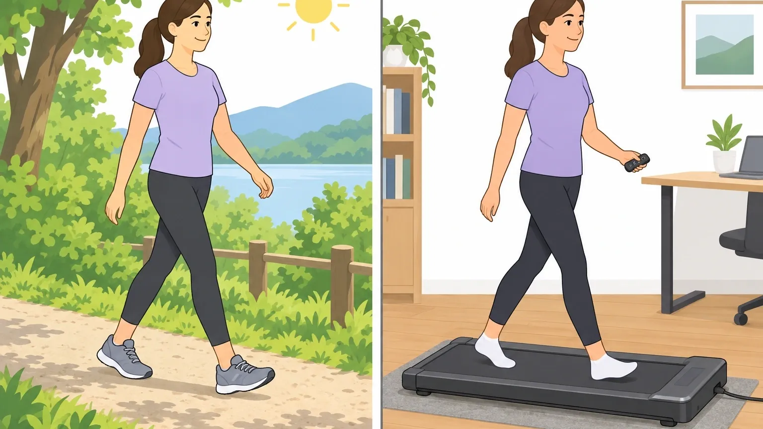 Walking Pad vs Outdoor Post-Meal Walk Comparison illustration of walking outdoors on a path versus on an indoor walking pad