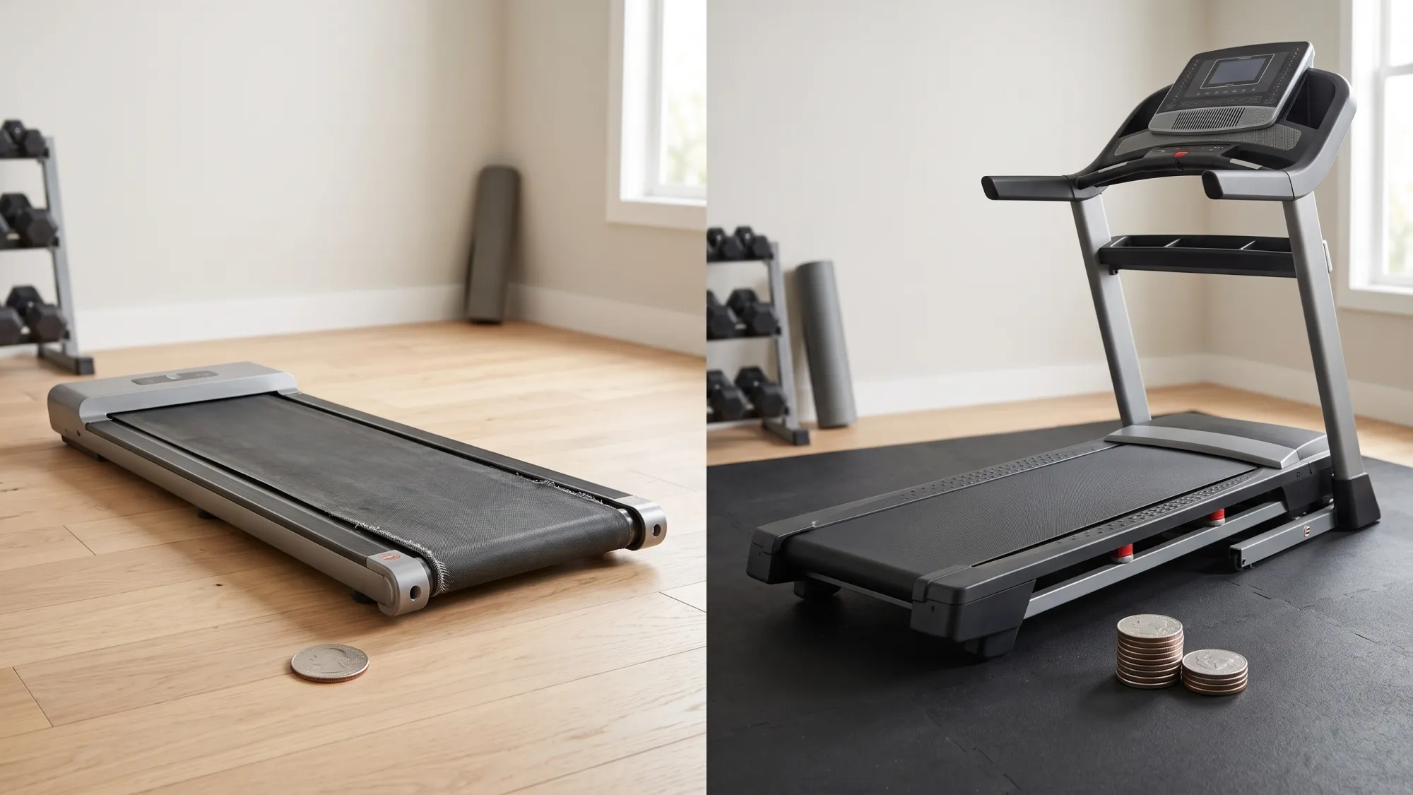 Worn compact walking pad with a single coin next to a sturdy treadmill with a stack of coins