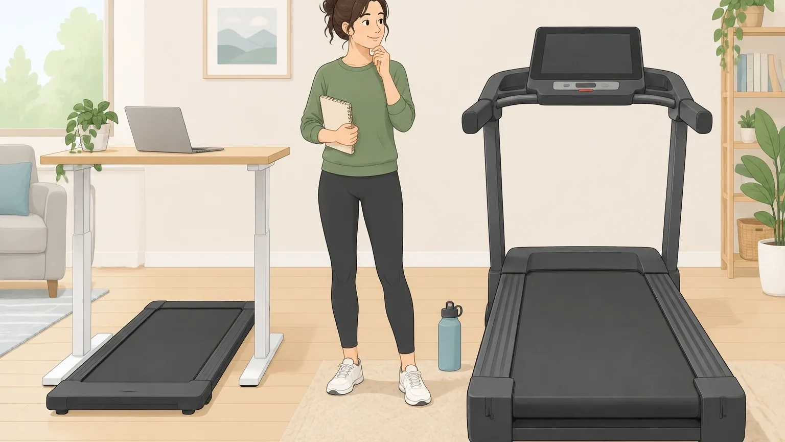 Illustration comparing a compact walking pad under a desk with a full-size treadmill in a home gym