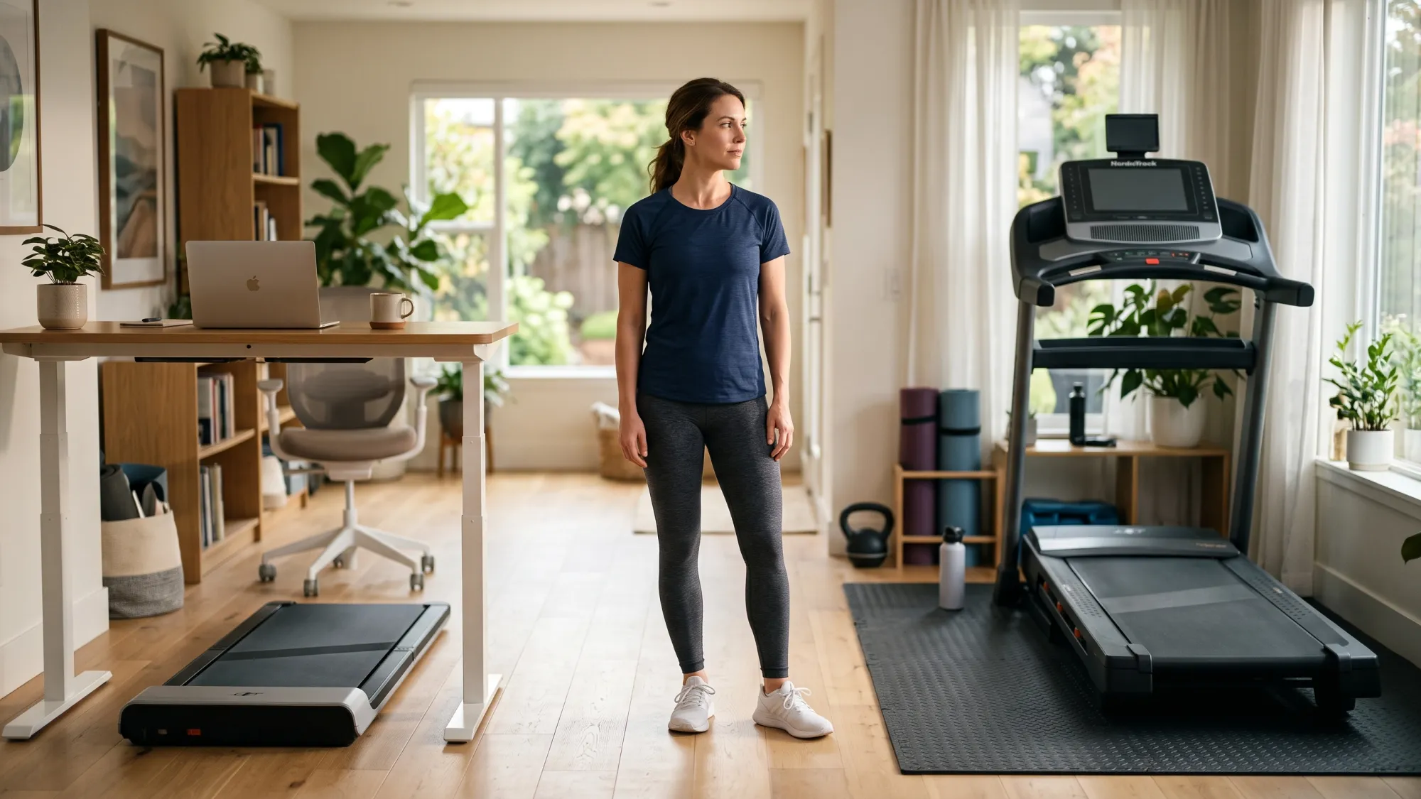 Person comparing a compact walking pad under a desk with a full treadmill in a home workout area