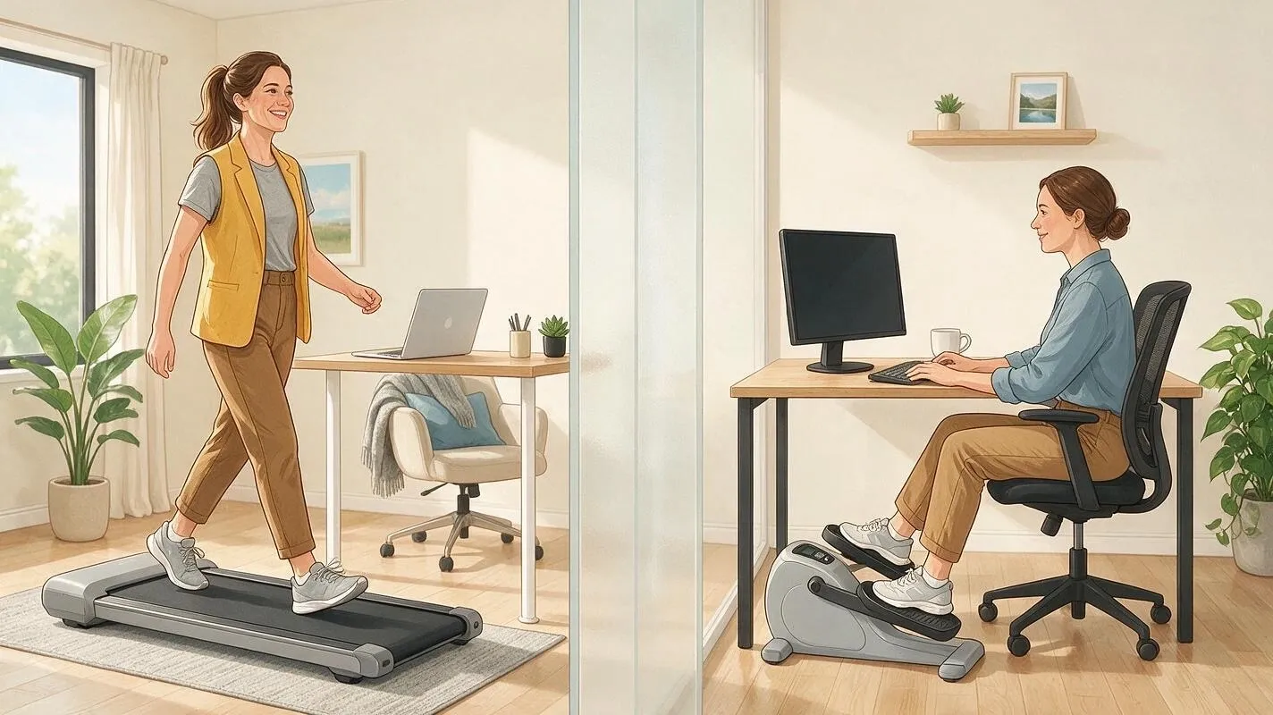 Side-by-side illustration of a person using a walking pad at a standing desk and another person using an under-desk elliptical while seated at a regular desk