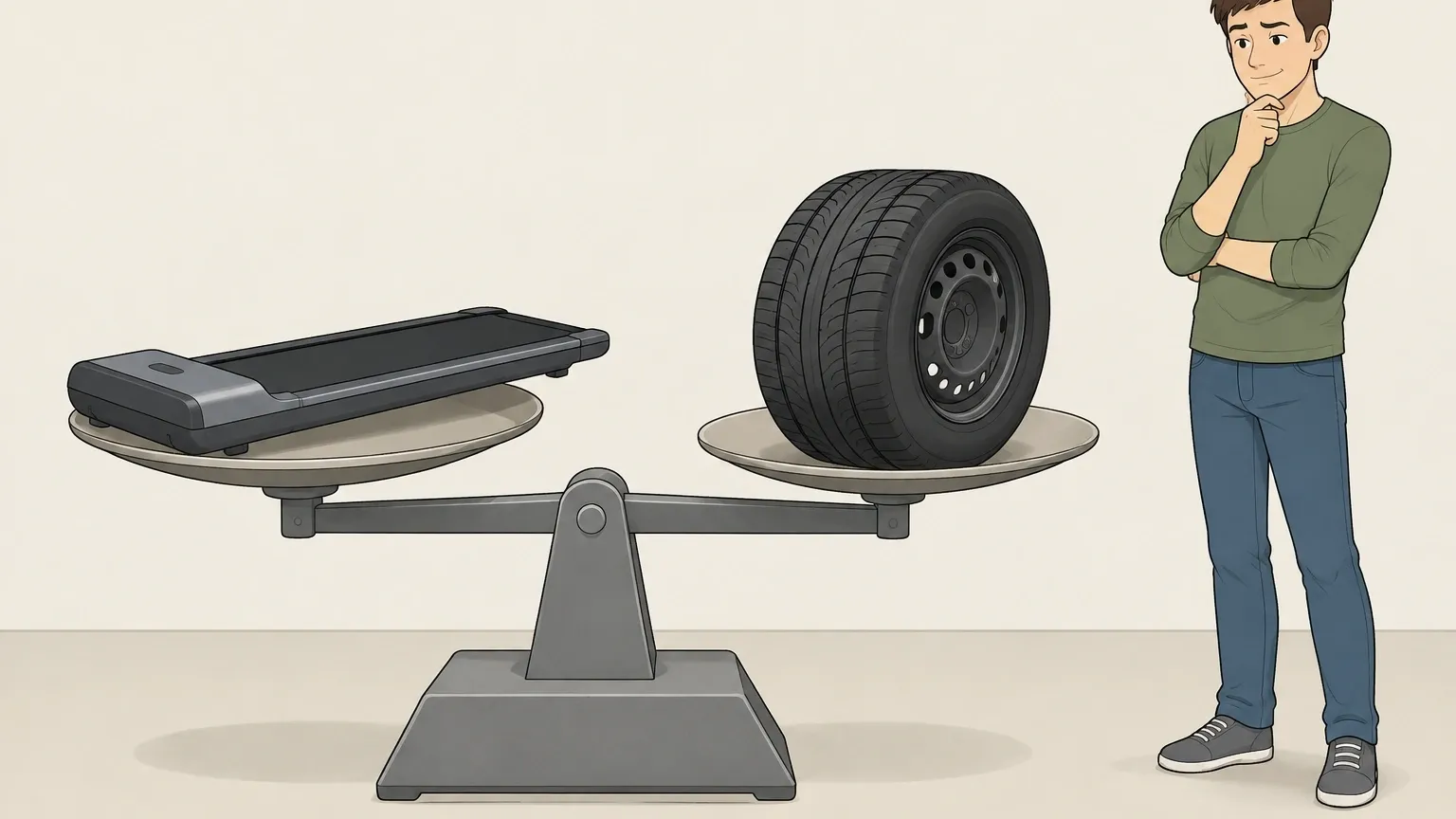What portable really means for walking pads Balance scale showing a walking pad equally as heavy as a large car tire