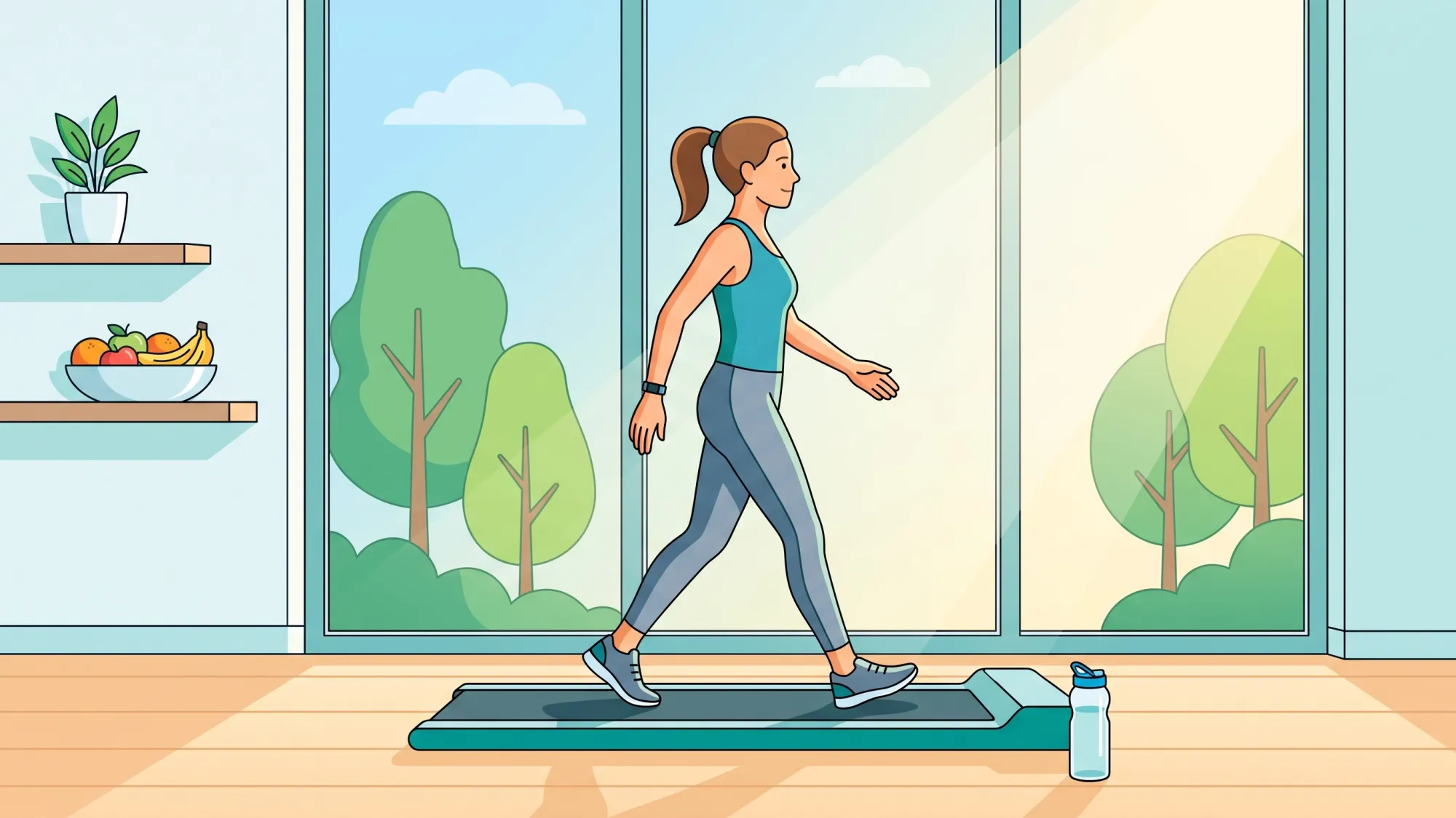 Person walking on a walking pad in a bright living room as part of a weight loss routine
