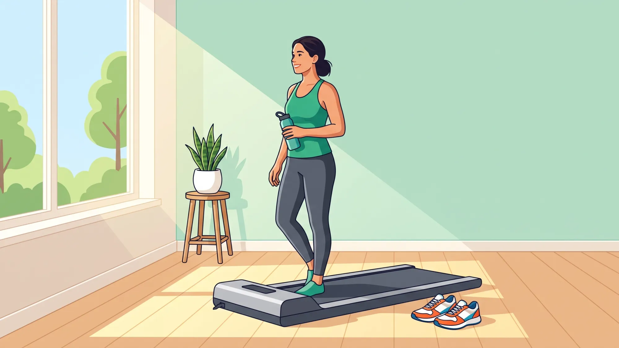 Confident person standing by a walking pad after losing weight through consistent walking