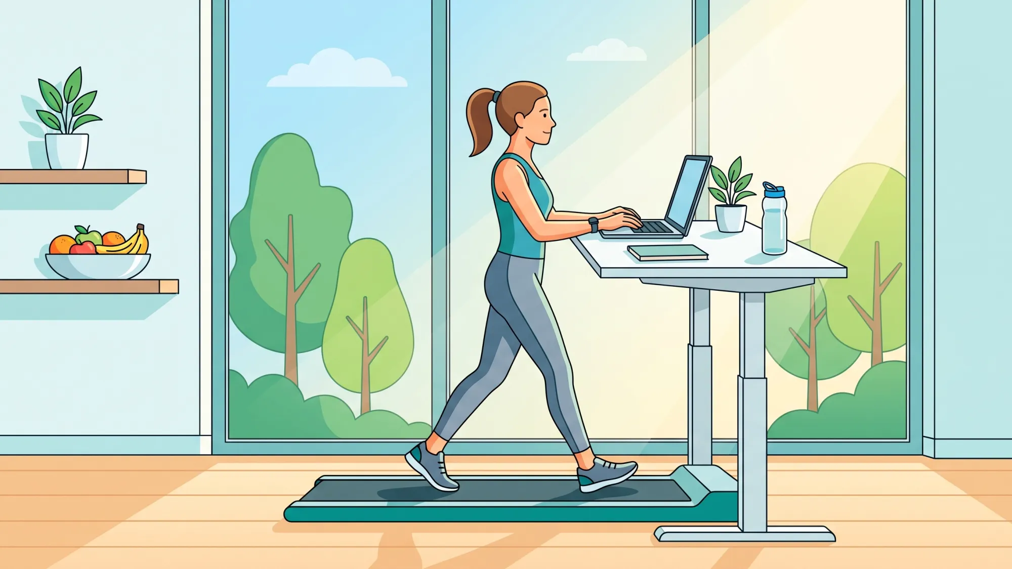 Person walking on a walking pad under a standing desk while working at a laptop