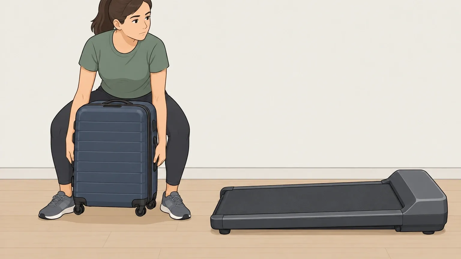 Test your strength before buying a walking pad Person comparing the weight of a large suitcase with a walking pad to test their strength