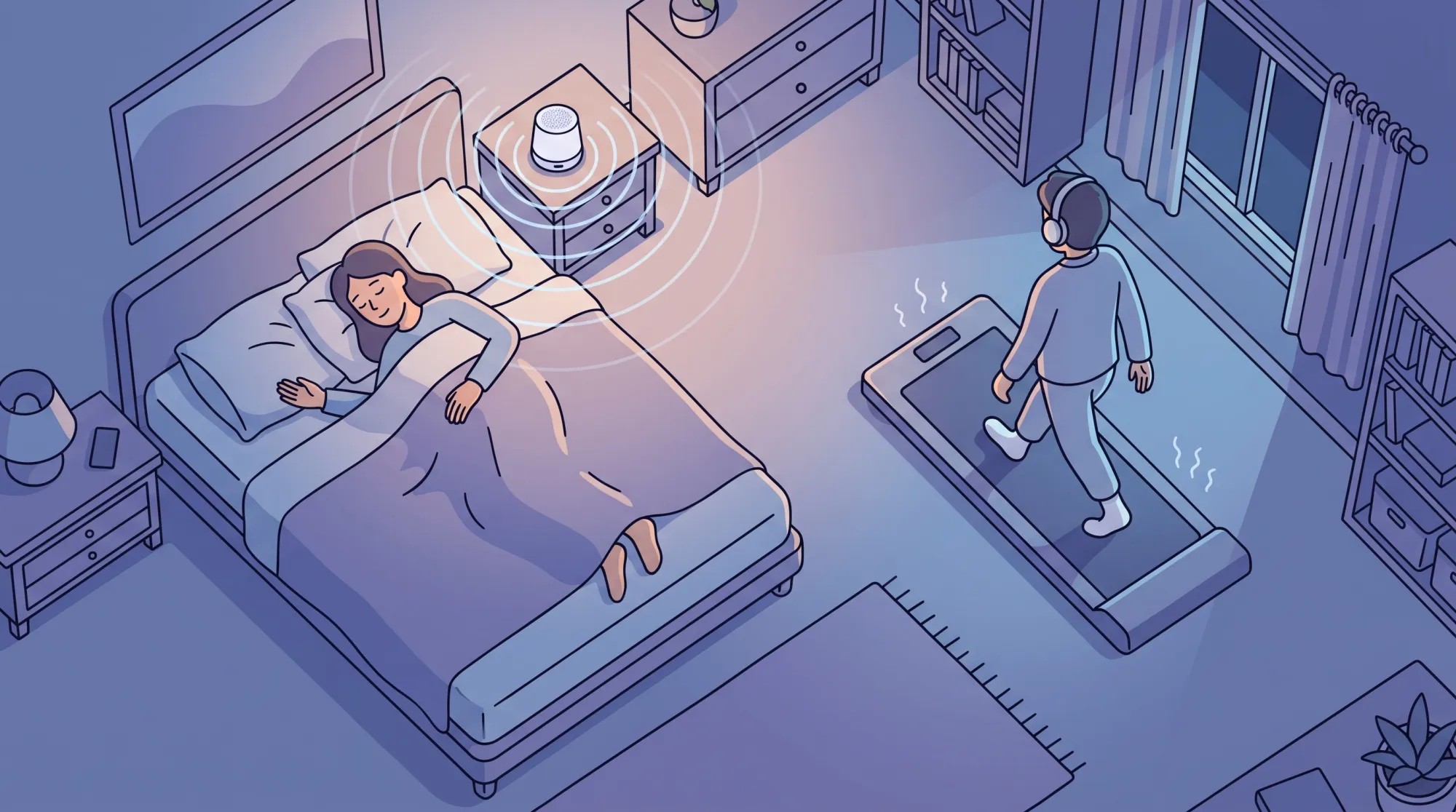 Walking pad in a room with someone sleeping Illustration of a sleeping person in a bed while another person walks quietly on a walking pad far away with a white noise machine on