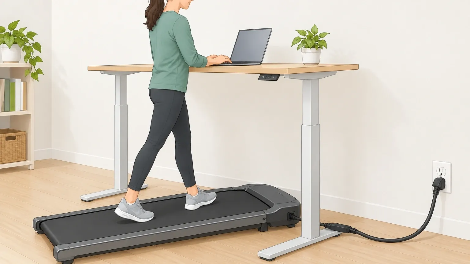 Person walking on a walking pad under a desk with a short extension cord plugged into a wall outlet