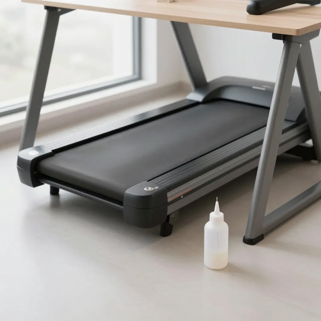 Under-desk walking treadmill with a silicone oil bottle and needle tip applicator on the floor