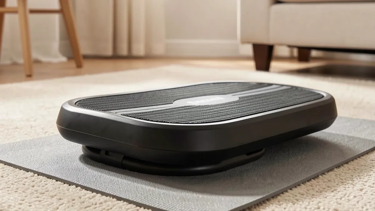 Unstable Walking Pad on Yoga Mat Compressed yoga mat under walking pad on carpet showing instability