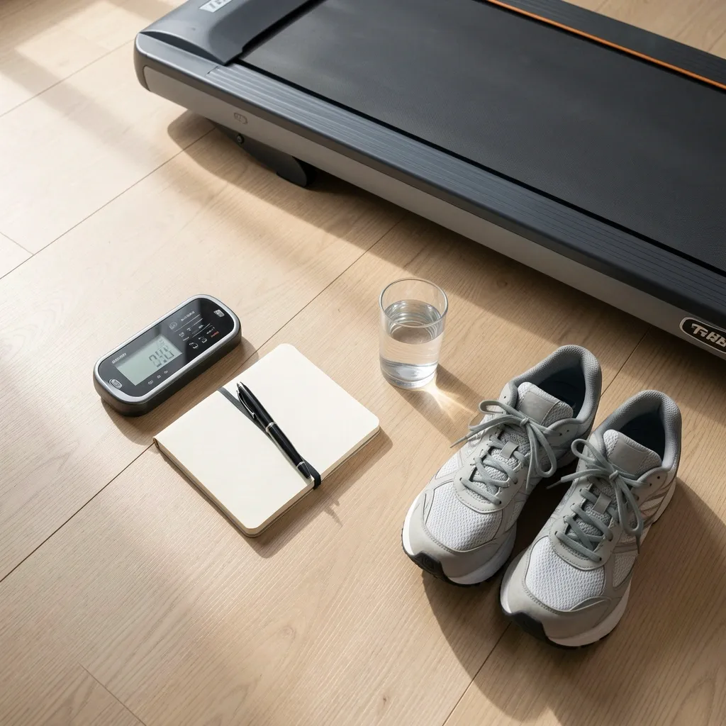 Walking Tolerance Progress Plan Flat-lay of tools for a walking tolerance plan: timer, notebook, water, shoes