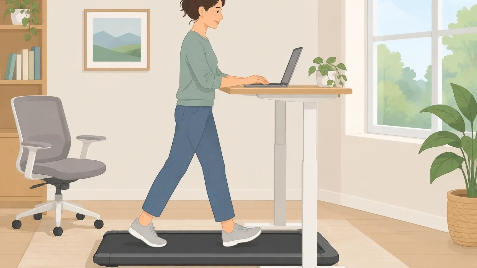 Under-Desk Walking Pad for Work Woman walking on an under-desk walking pad while working on a laptop at a standing desk