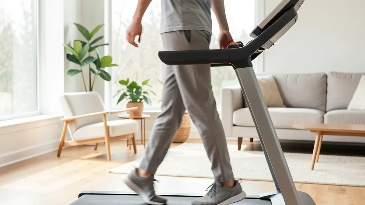 Person walking on a compact folding treadmill in a bright modern living room during setup