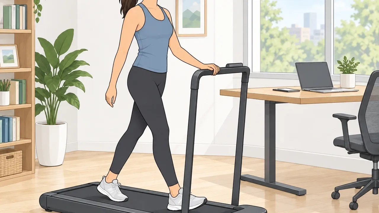 Illustration of a person walking on a WalkingPad R2 treadmill with the handrail raised in a home office setting, showing the treadmill fully set up and ready for use.