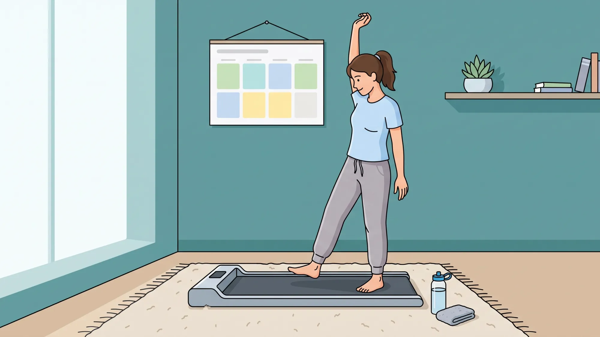 Person stretching beside a walking pad as part of a weekly walking routine