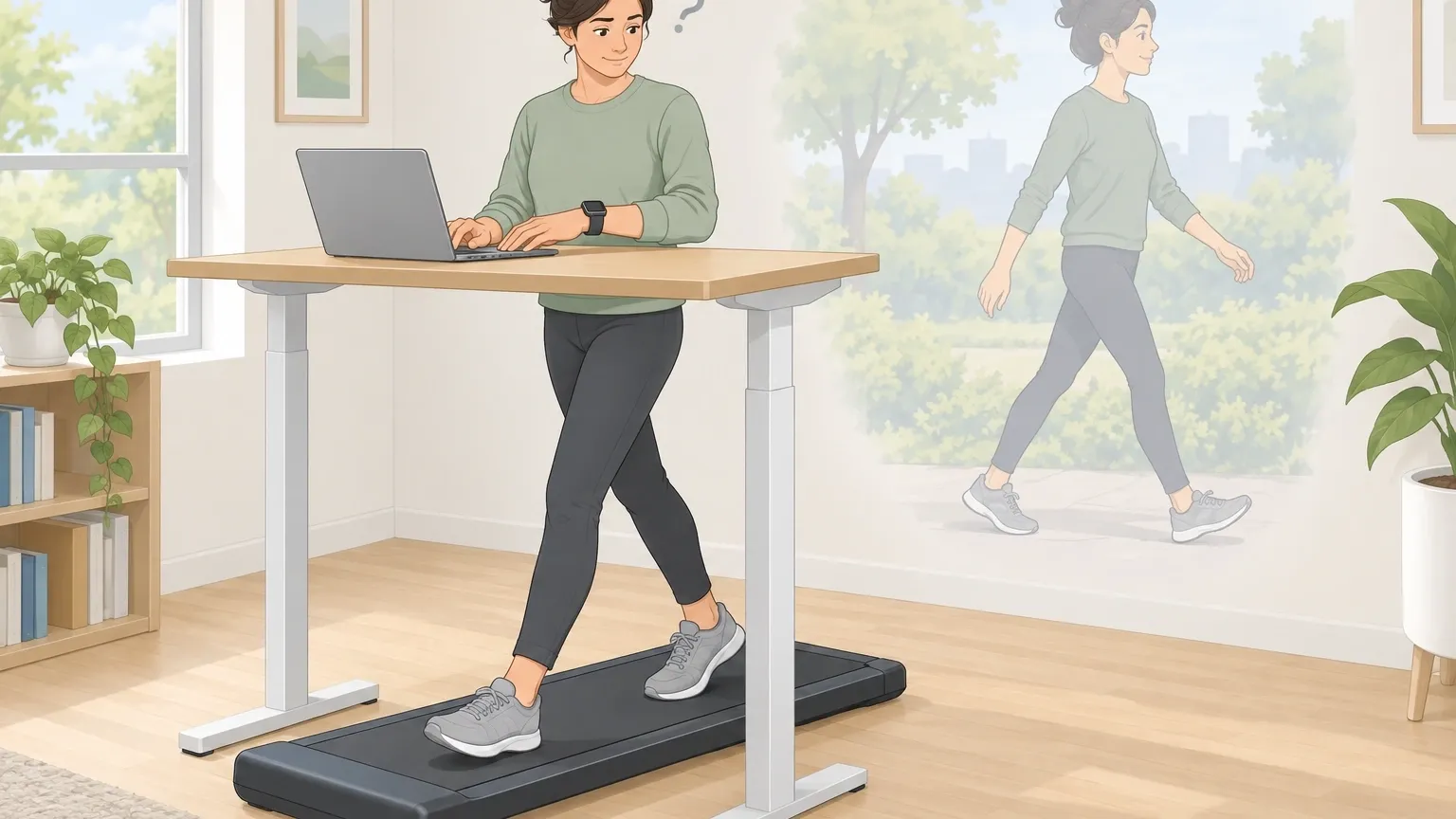Wrist Gap Smartwatch Step Counting Problem Person typing at standing desk with arms still while walking on a walking pad, showing why a wrist smartwatch undercounts distance.