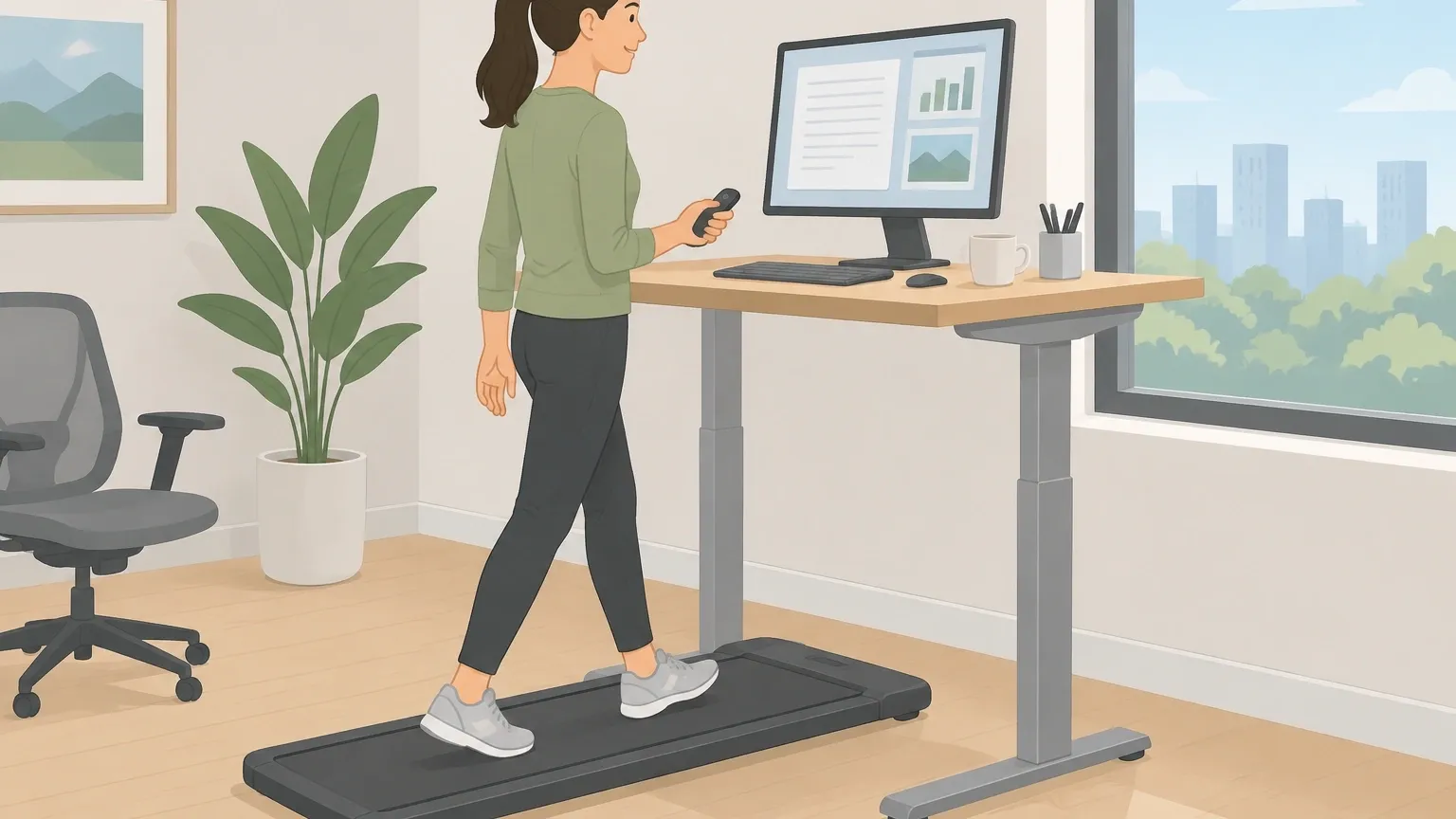 Person walking on a compact Yagud walking pad under a standing desk in a bright home office