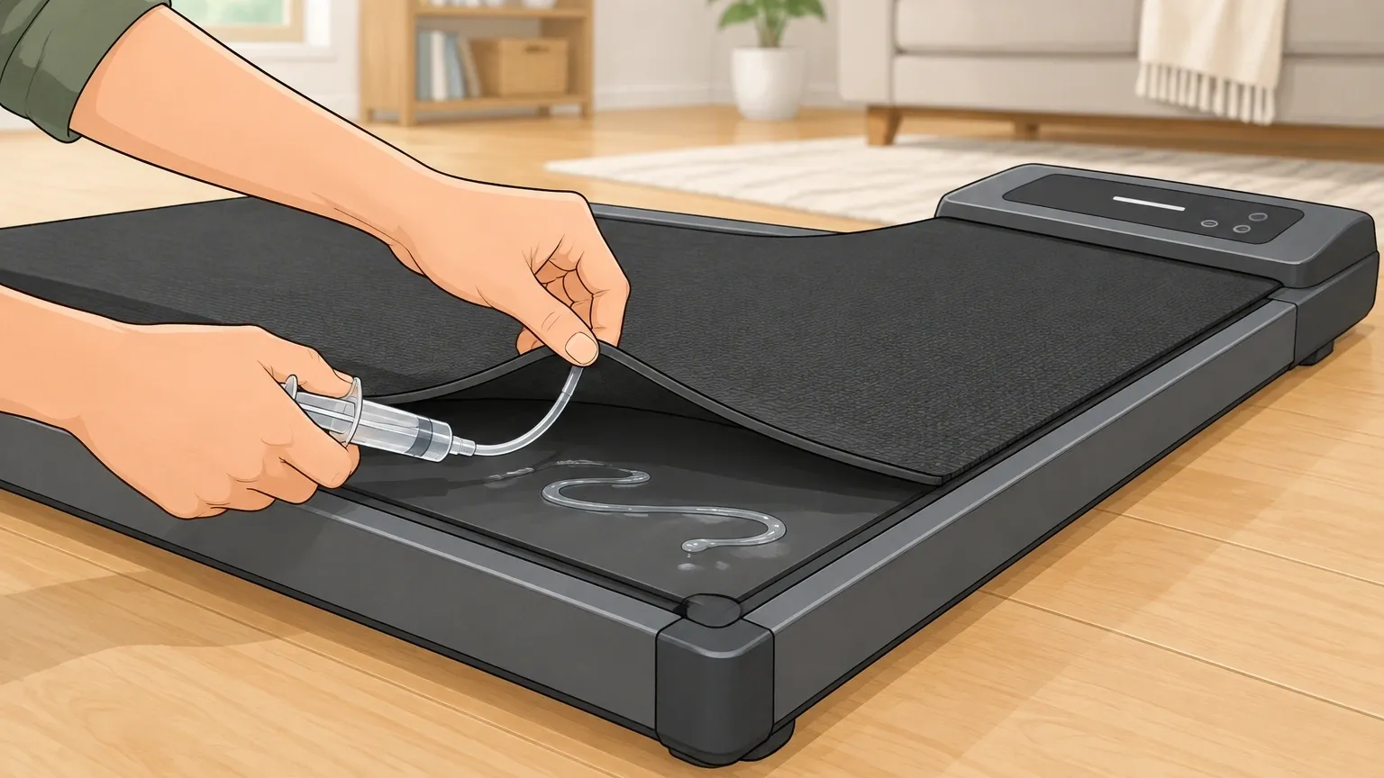 Illustration of a person lifting the belt of a walking pad and applying silicone oil with a syringe to keep the deck lubricated