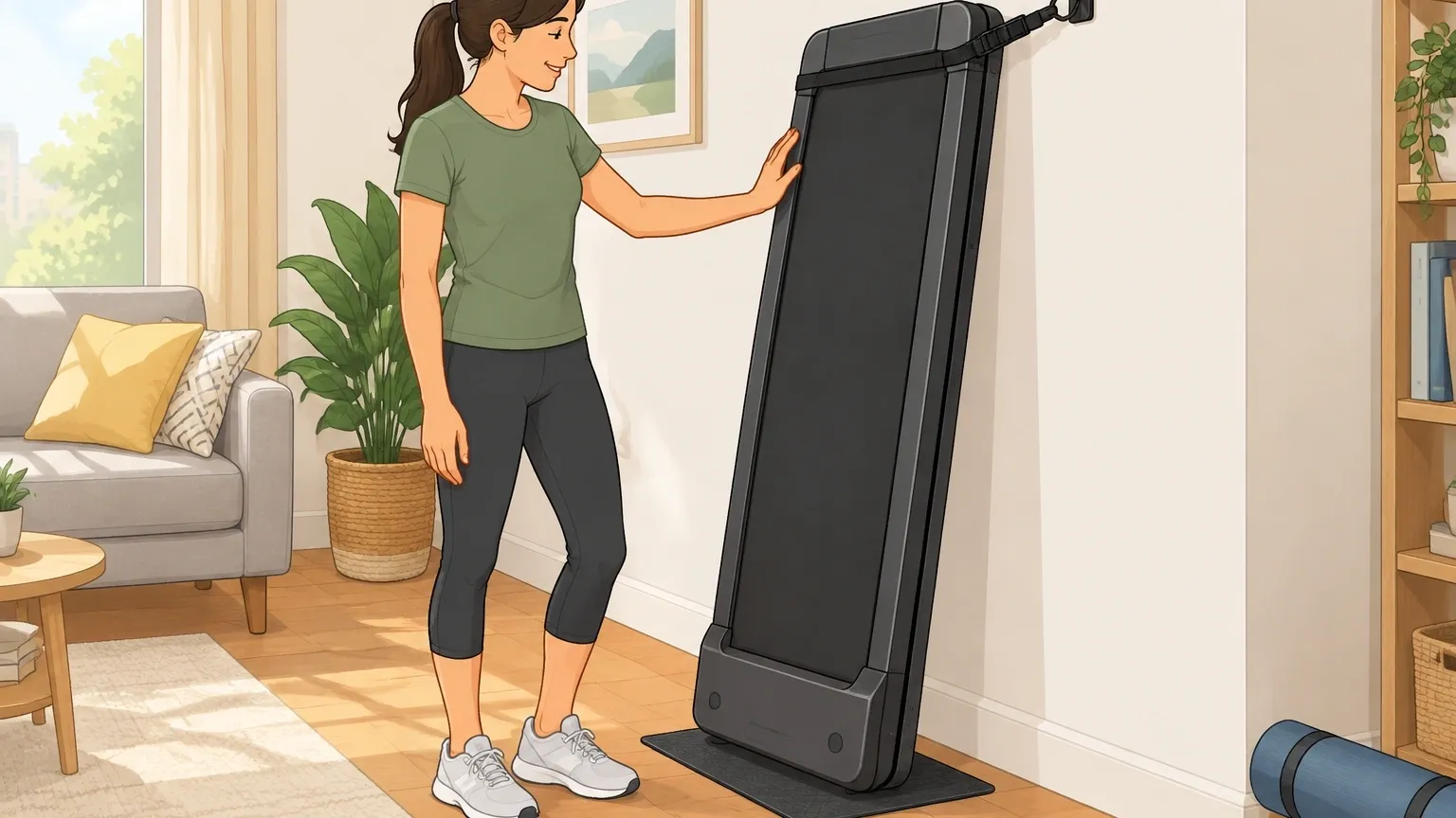Illustration showing a small apartment dweller safely storing a compact walking pad upright against a wall, secured with a bungee cord to a wall hook.
