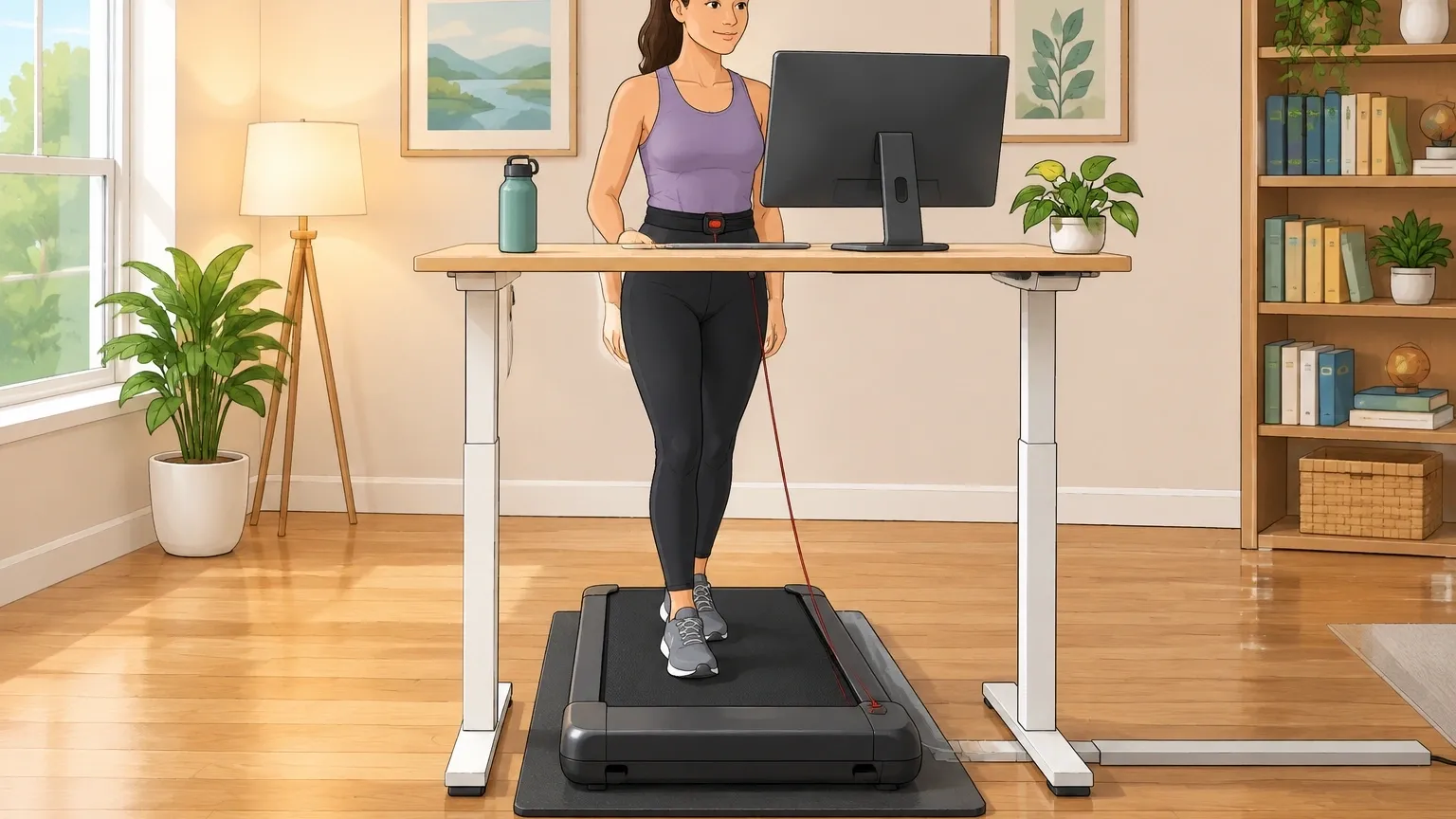 Illustration of a woman walking safely on a walking pad at a standing desk with proper posture and safety precautions