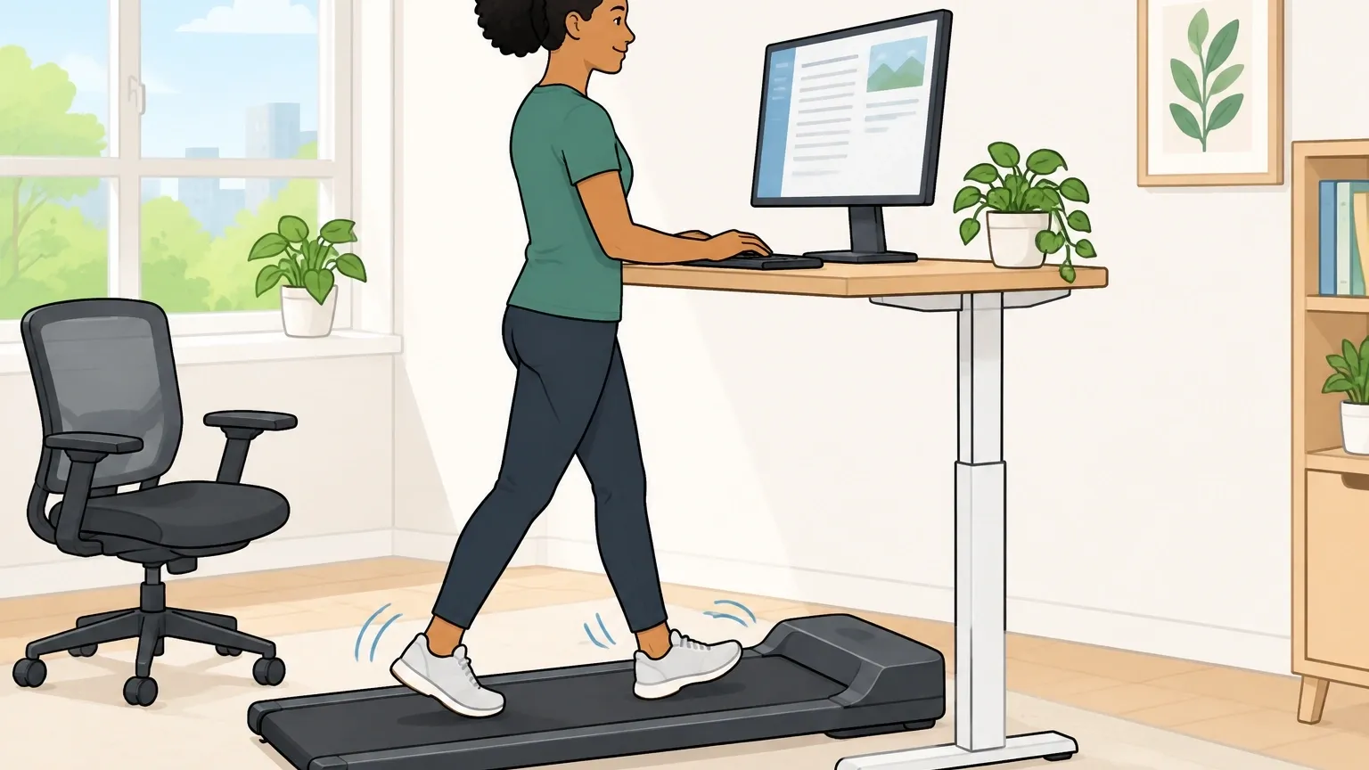 Illustration of a person walking on a compact walking pad under an adjustable standing desk while looking at a computer monitor