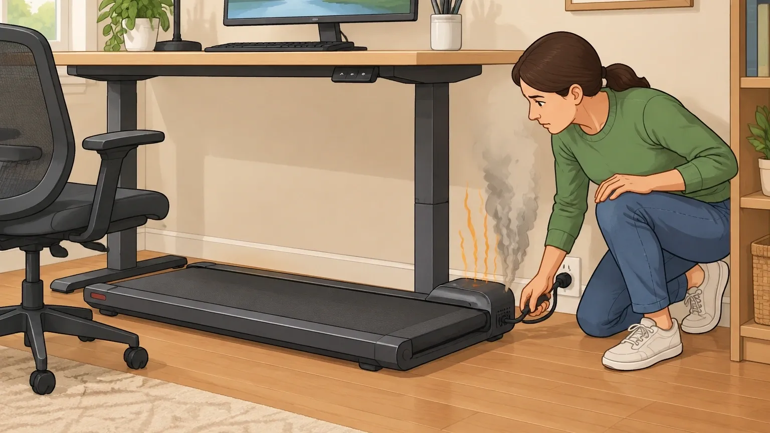 Person crouching by a walking pad under a desk, unplugging it while checking for a burning smell