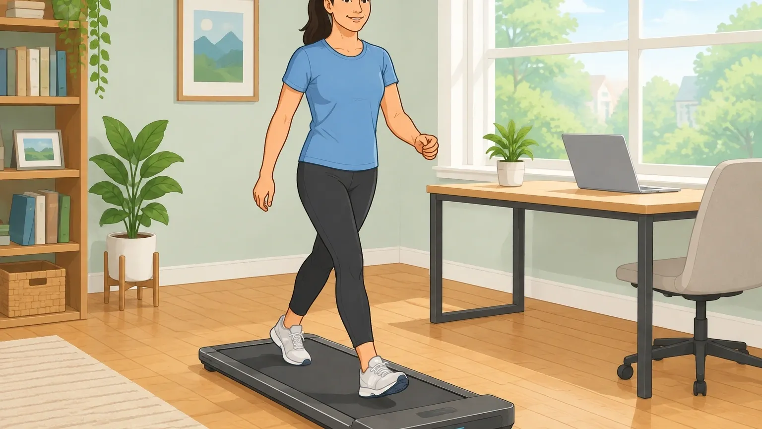Cartoon illustration of a person walking briskly on a compact walking pad in a bright home office, showing the ideal fat-burning speed for weight loss.