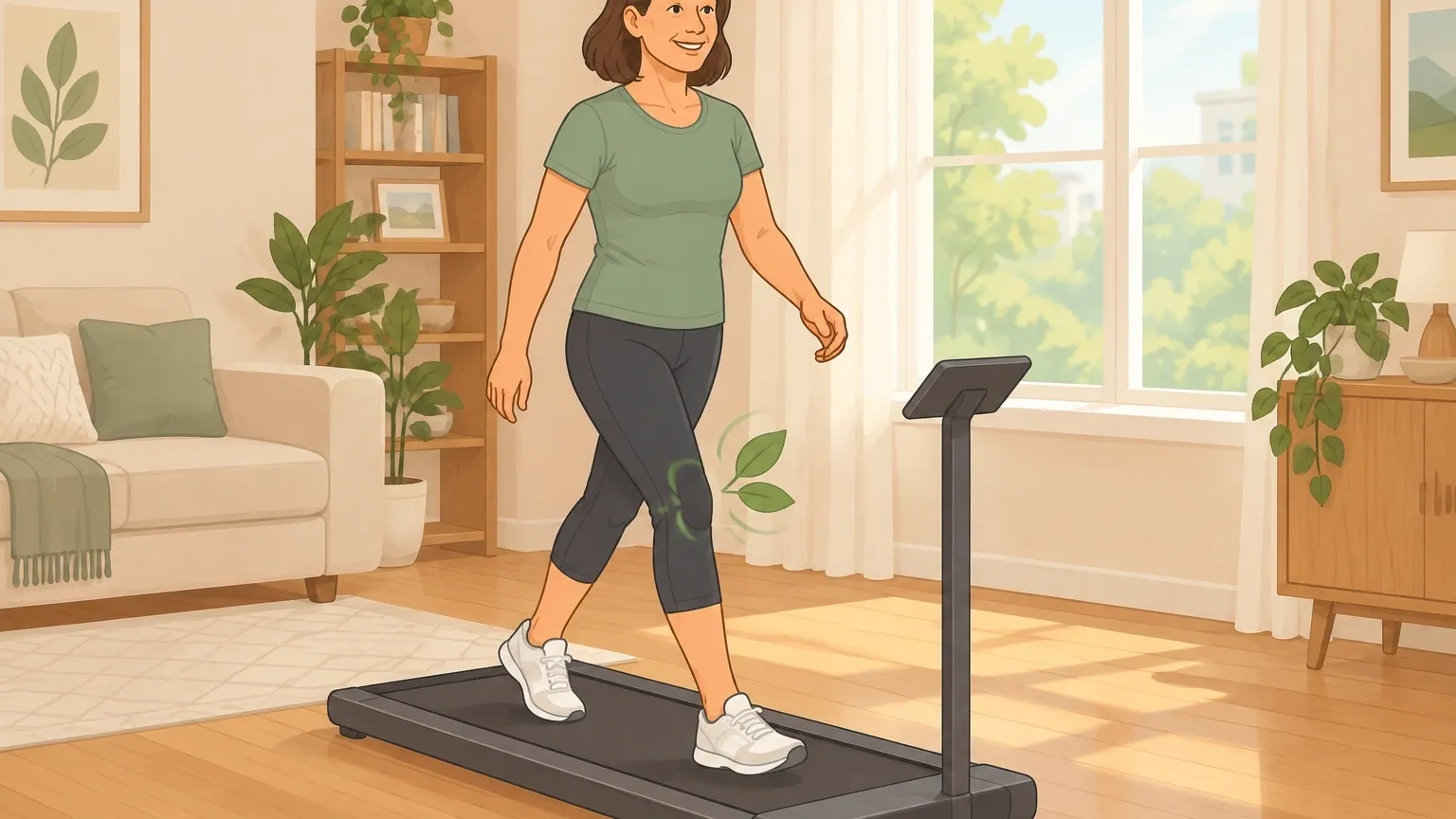 Illustration of a woman walking comfortably on a padded walking pad at home, showing low-impact exercise that is gentle on knees