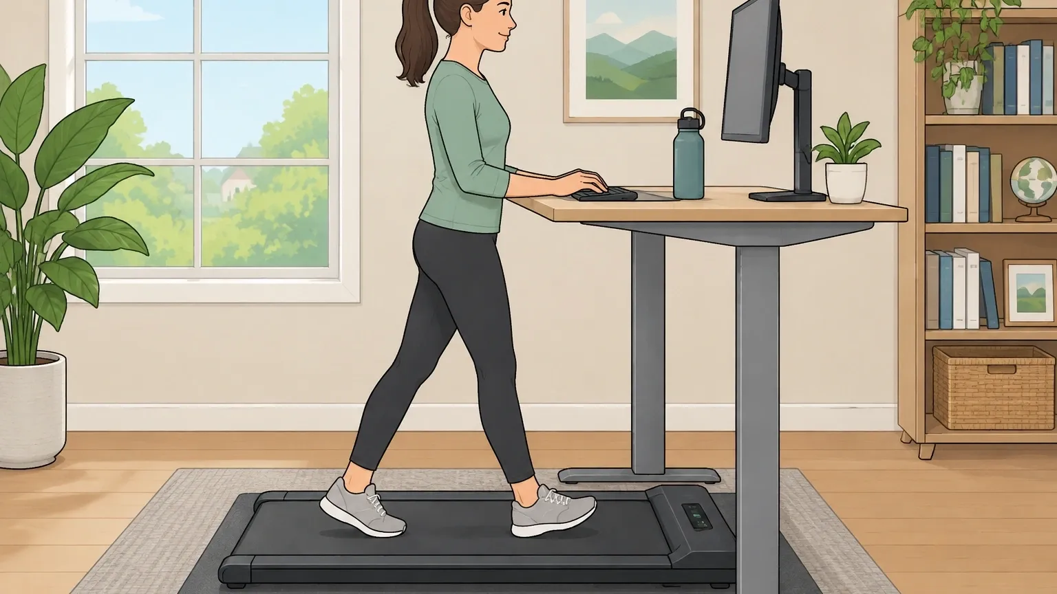 Illustration of a person walking on a compact walking pad under a standing desk while typing on a computer in a home office