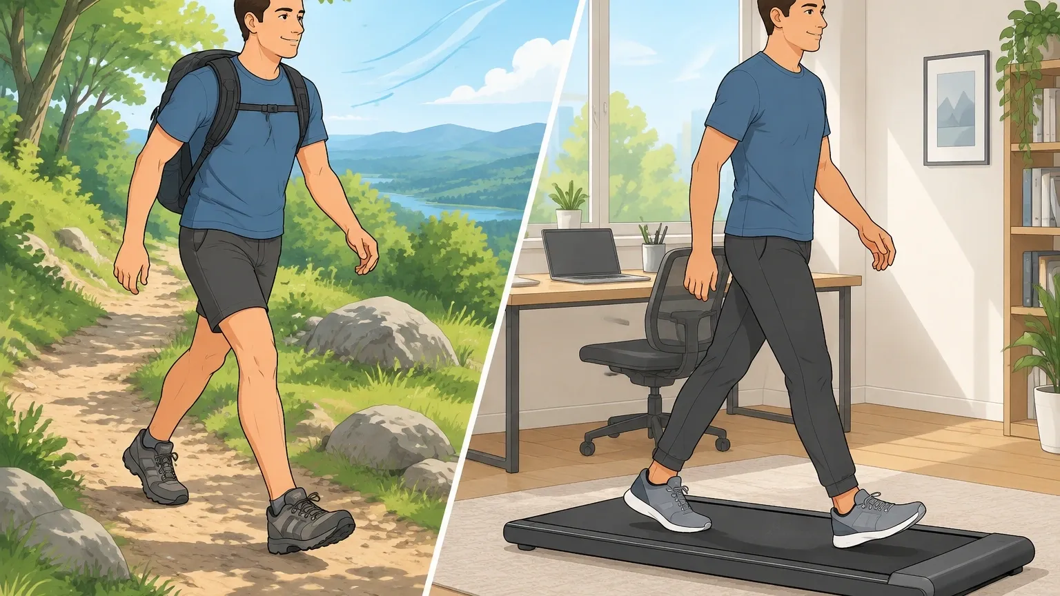 Illustration comparing walking on a walking pad indoors versus walking outdoors on uneven natural terrain, highlighting differences in muscle use and convenience
