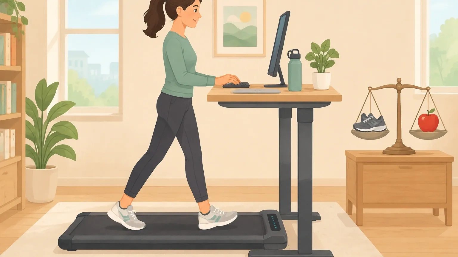 Illustration of a person working at a standing desk while walking on an under-desk walking pad, with a balanced scale symbolizing calorie balance