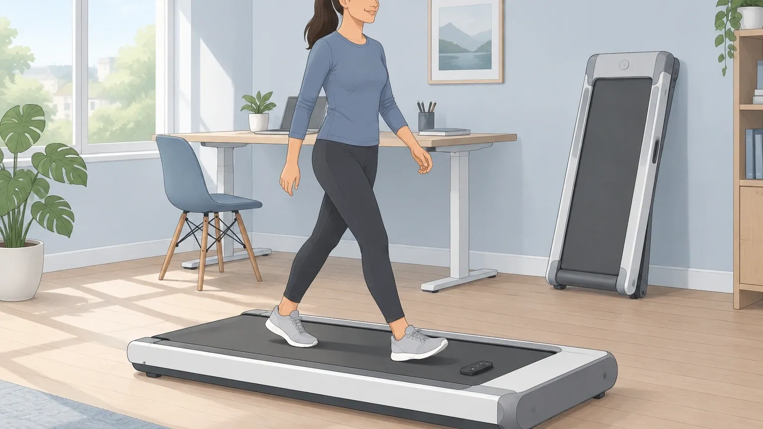Illustration comparing a modern wider folding treadmill with a woman walking on it and an older narrow folding treadmill stored upright beside a standing desk in a home office